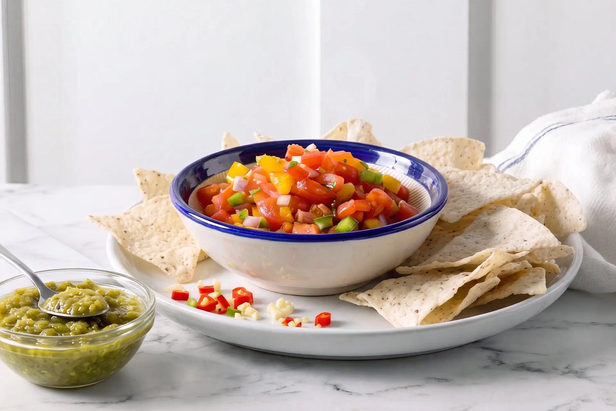 A vibrant chunky Thai chili garlic pico de gallo in a white ceramic bowl with a blue rim.
