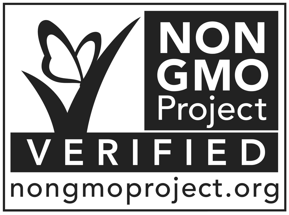 Black and white non-gmo project verified seal featuring a stylized butterfly emerging from a plant.