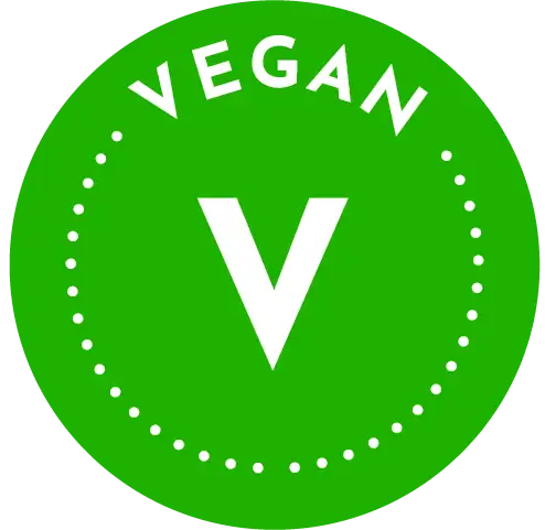 Green circular badge with 'VEGAN' and a white 'V' symbol