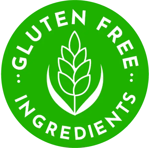Green circle with 'Gluten Free Ingredients' text and a leaf symbol on a white background