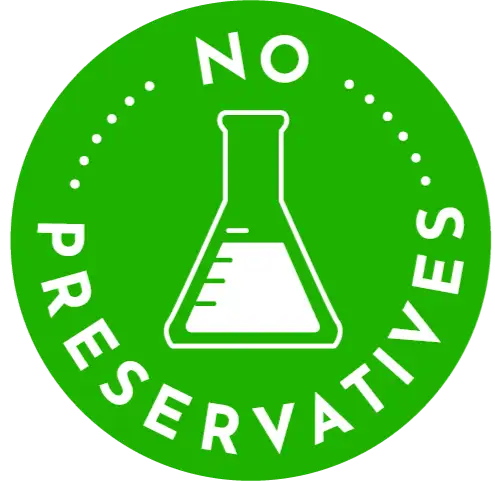 Green label with a beaker icon and 'No Preservatives' text on a white background